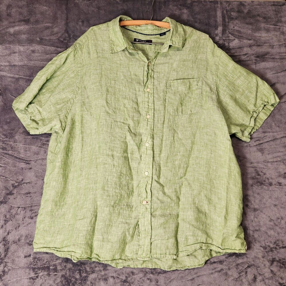 Cremieux 100% Linen Short Sleeve Green Blue Button Up Shirt Mens XXL